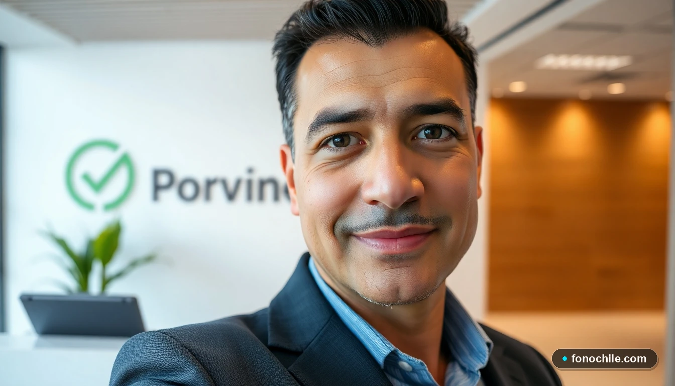 Asesor de Porvenir en una moderna sucursal, con una tableta en recepción mostrando una interfaz genérica.