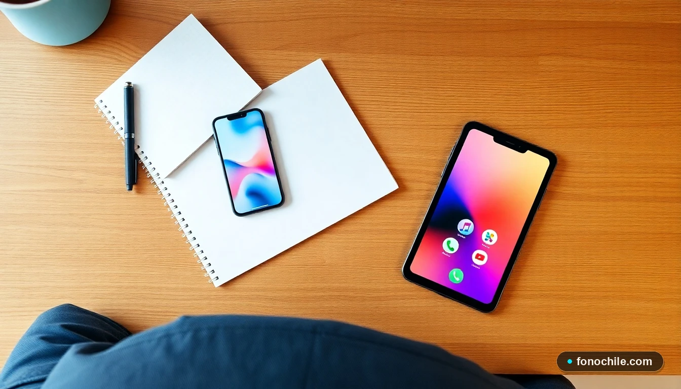 Smartphone y tablet mostrando gráficos abstractos de conectividad para representar la atención al cliente de telecomunicaciones.