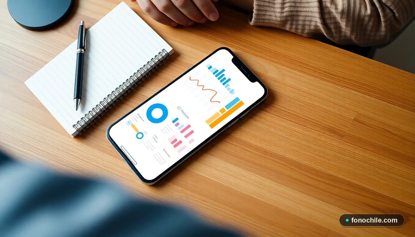 Smartphone mostrando gráficos abstractos de colores sobre una mesa de madera, listo para gestionar finanzas.