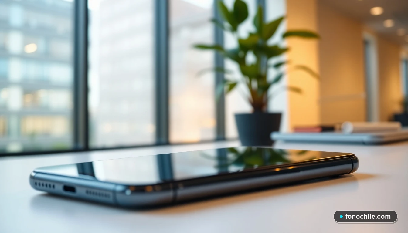 Vista superior de un teléfono en un escritorio minimalista, con un edificio de oficinas al fondo, representando servicio y profesionalismo en seguros de vida.