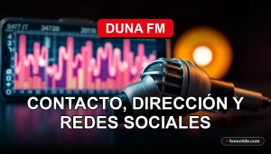 Teléfonos y contacto de Duna FM 2026 - Micrófono de estudio de radio sobre mesa con gráficos abstractos en pantalla.
