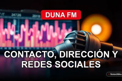 Teléfonos y contacto de Duna FM 2026 - Micrófono de estudio de radio sobre mesa con gráficos abstractos en pantalla.