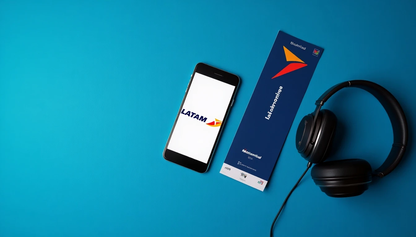 Smartphone mostrando el logo de LATAM Airlines con accesorios de viaje, contacto telefónico aerolínea.