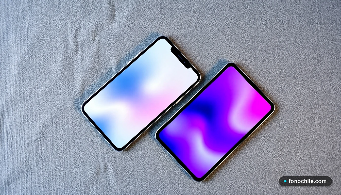 Vista superior de un teléfono inteligente y una tableta mostrando interfaces genéricas, sobre una superficie texturada.