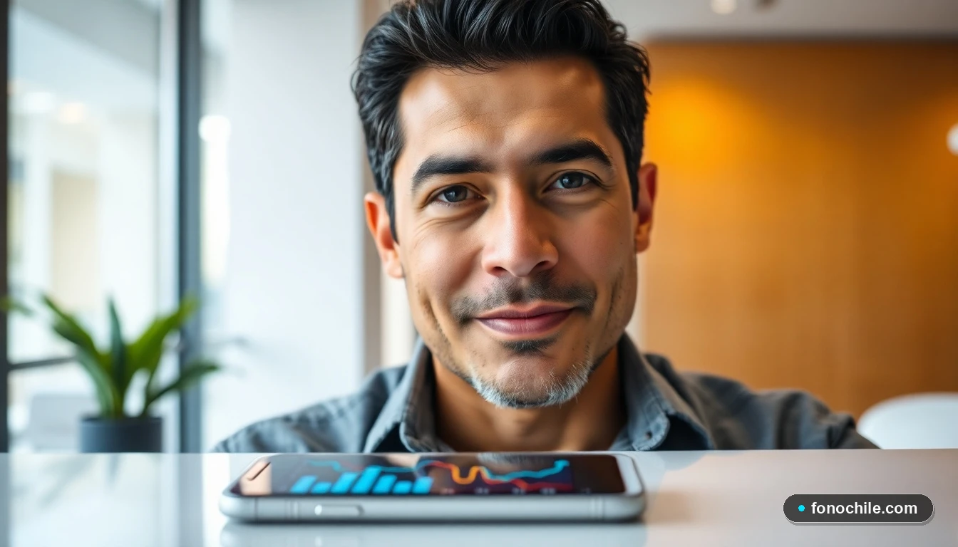 Ejecutivo de Scotiabank Chile, teléfono inteligente con gráficos abstractos en mesa de reuniones