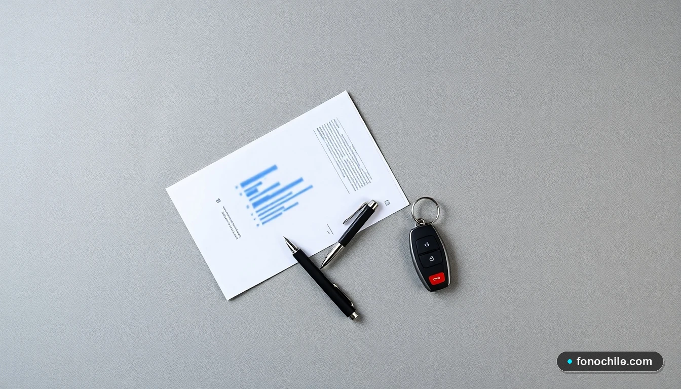 Vista superior de un teléfono y documentos relacionados con multas de tránsito sobre una superficie de concreto gris.