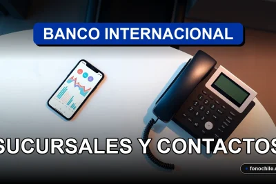 Teléfonos de contacto y sucursales del Banco Internacional 2026 sobre una mesa de oficina moderna.