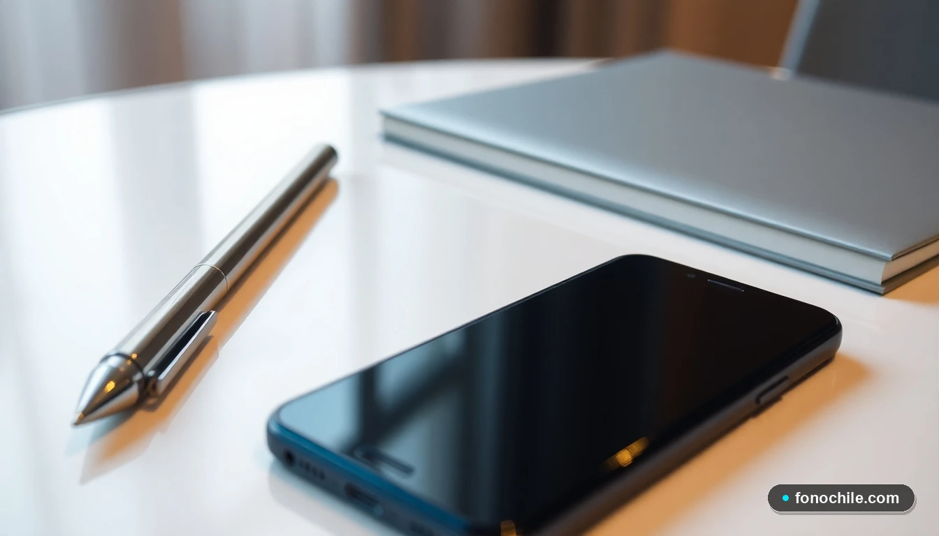 Detalle de un teléfono inteligente y accesorios de oficina en una mesa, representando la comunicación con el banco.