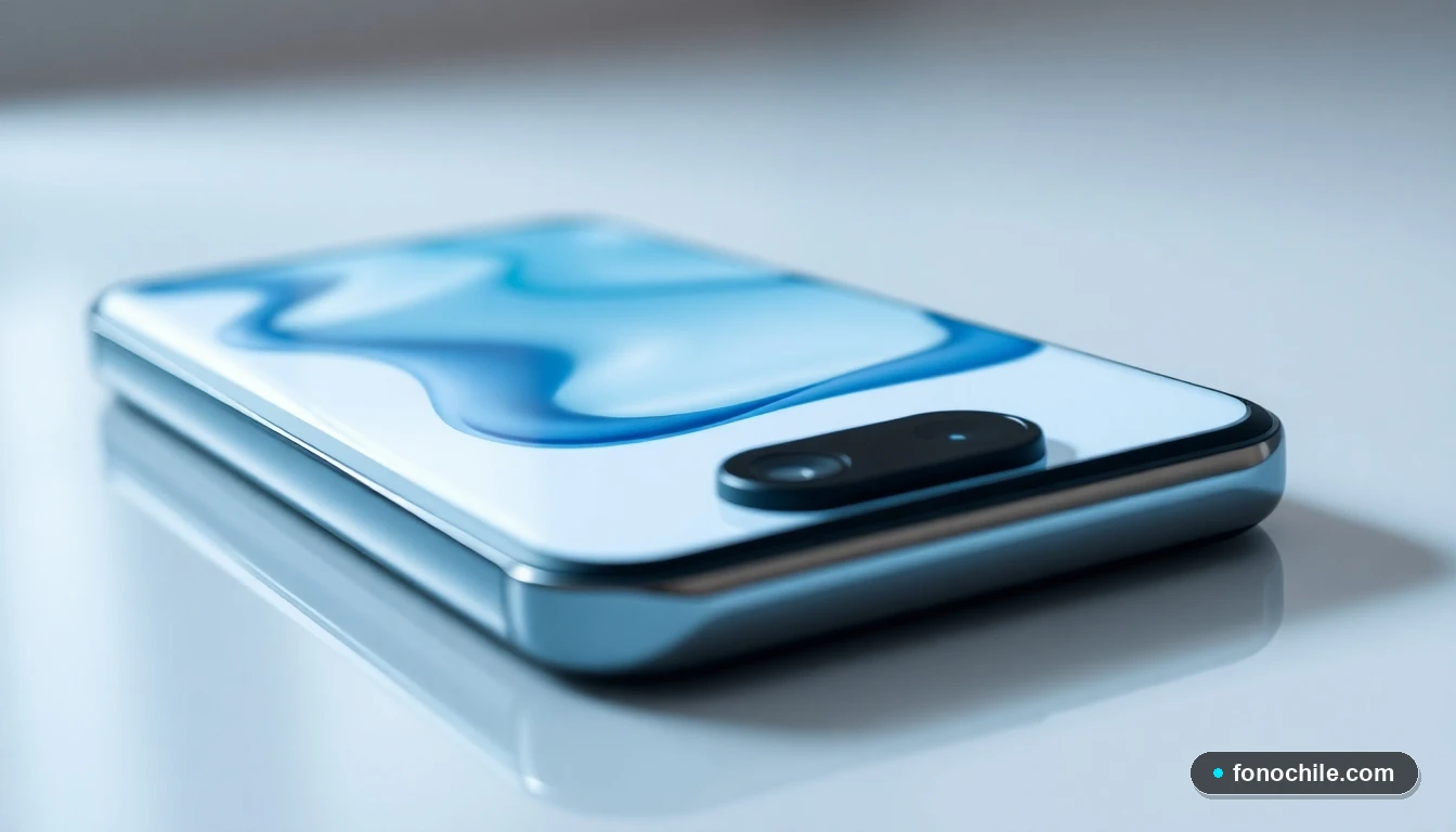 Primer plano detallado de un teléfono inteligente, con su pantalla mostrando formas abstractas azules, concepto de comunicación y ayuda.