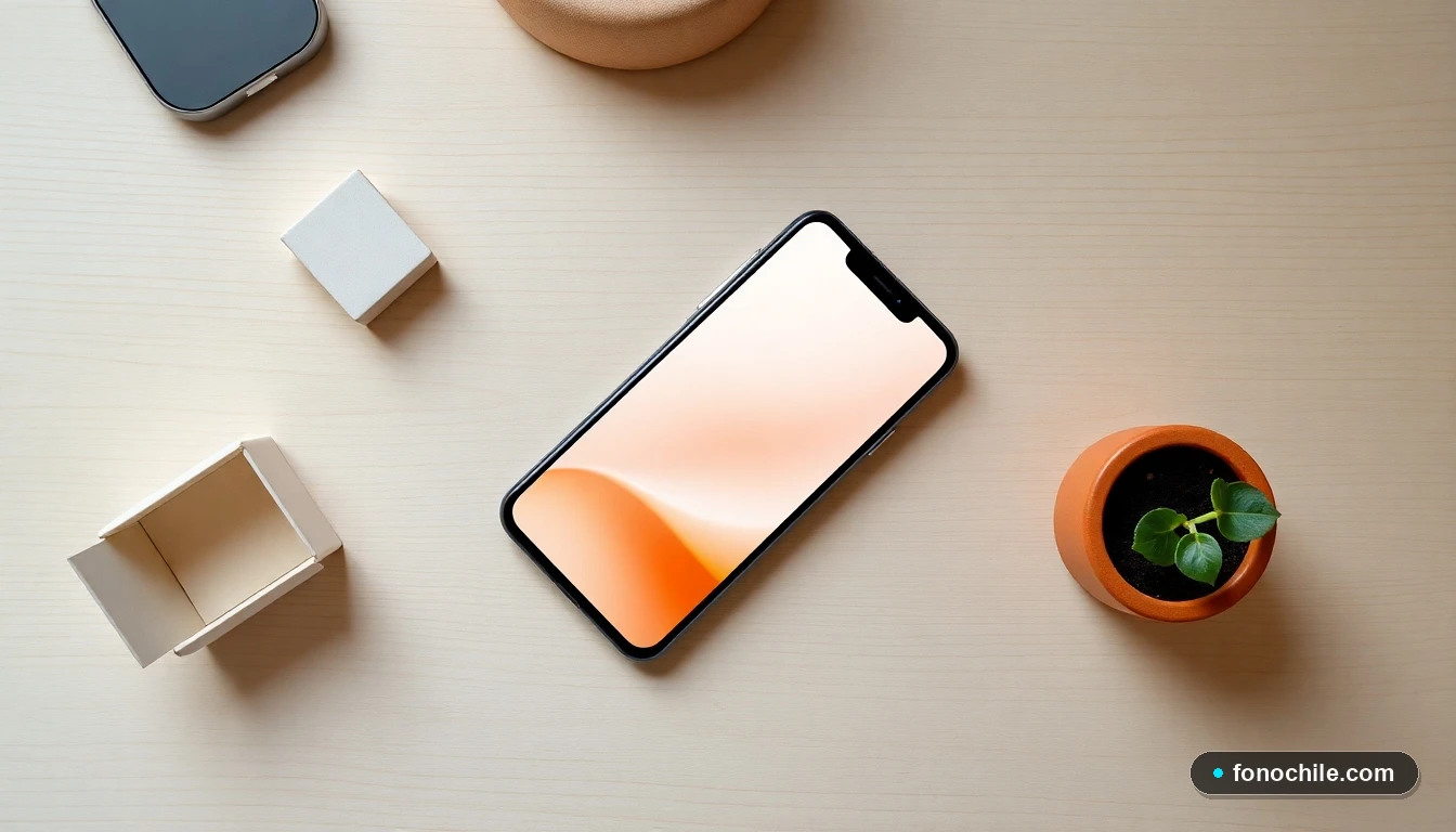 Vista aérea de un teléfono inteligente listo para ser empaquetado para donación, con elementos simbólicos como una planta y una caja de regalo.