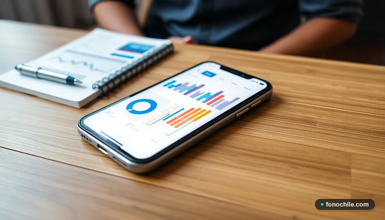 Smartphone mostrando gráficos abstractos de colores sobre información de contacto universitaria en Chile.