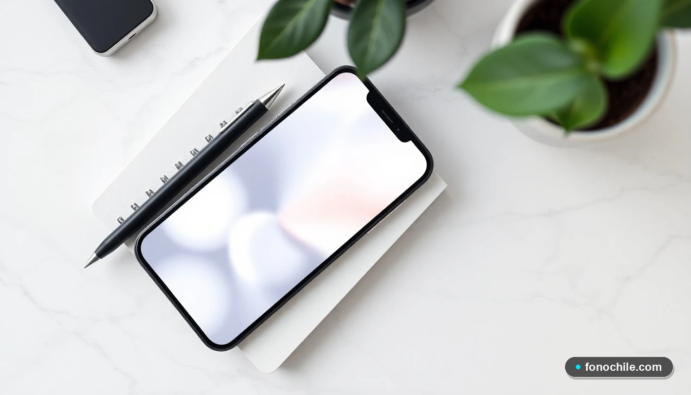 Vista aérea de un teléfono y una libreta de notas sobre una mesa de mármol, representando la organización y el contacto durante el proceso de admisión a la universidad.