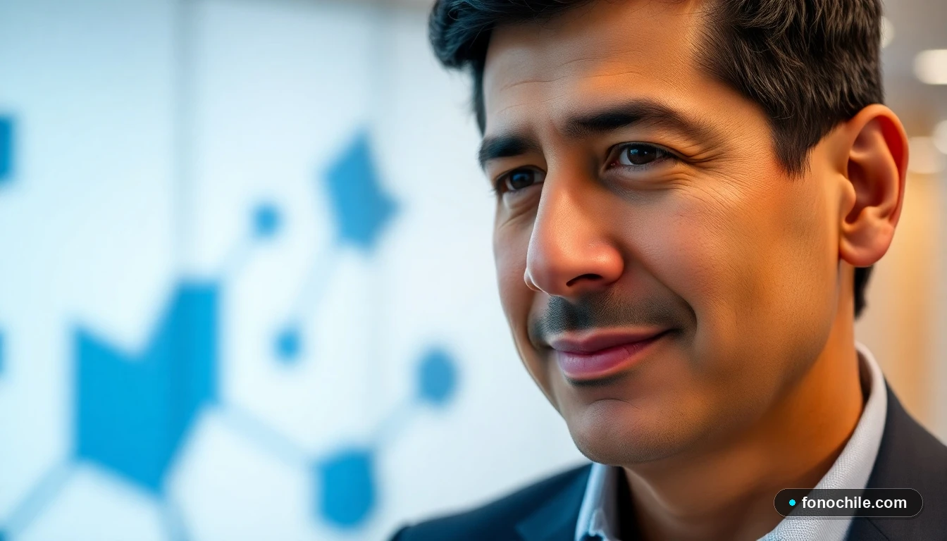 Un hombre hispano, agente de MAPFRE Chile, ofreciendo atención personalizada en una oficina contemporánea.