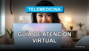 Una mujer latina sonríe con confianza durante una consulta de telemedicina virtual en Chile, con una pantalla que muestra gráficos abstractos.