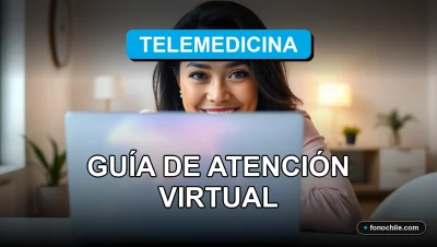Una mujer latina sonríe con confianza durante una consulta de telemedicina virtual en Chile, con una pantalla que muestra gráficos abstractos.