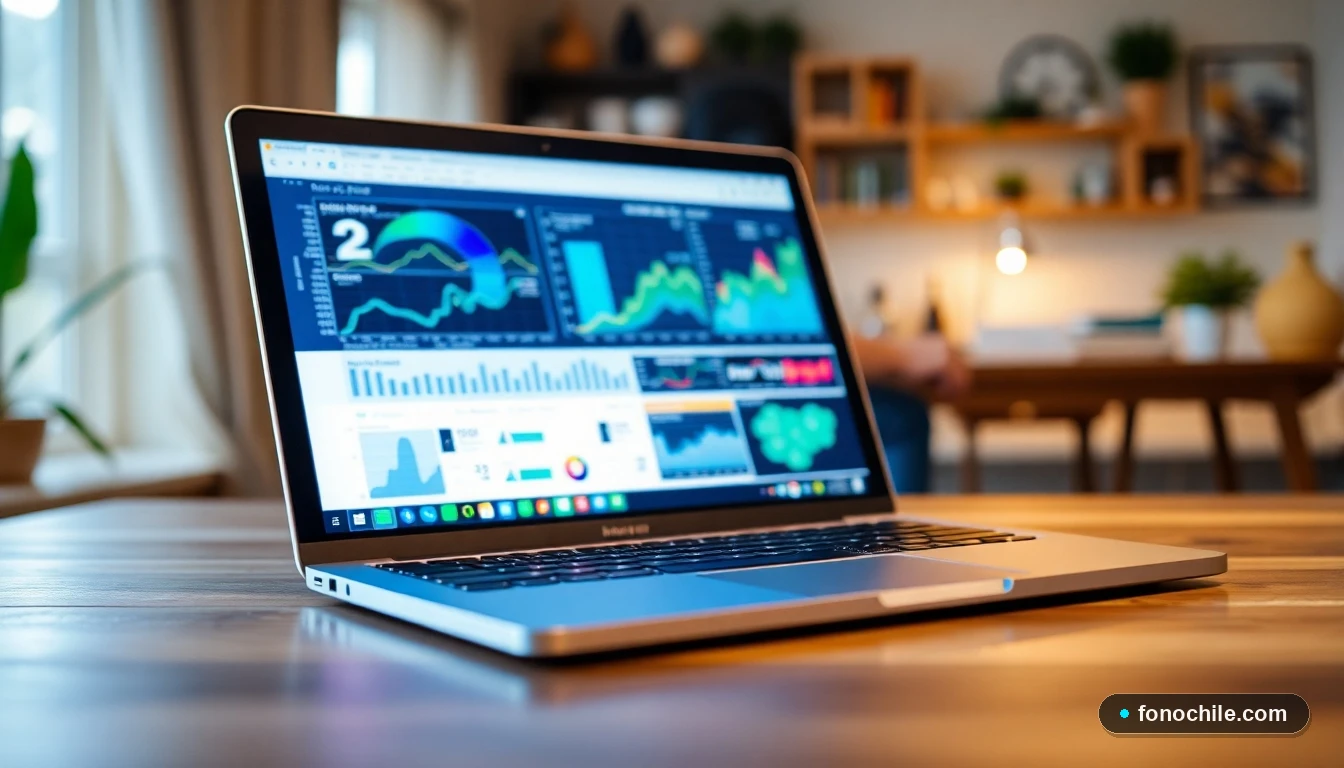 Laptop mostrando gráficos de datos sobre telemedicina en un entorno hogareño moderno en Chile.