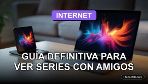 Aplicación de streaming en múltiples pantallas con gráficos abstractos de colores, organizadas en una mesa de centro moderna.