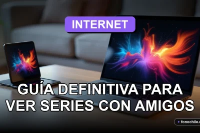 Aplicación de streaming en múltiples pantallas con gráficos abstractos de colores, organizadas en una mesa de centro moderna.