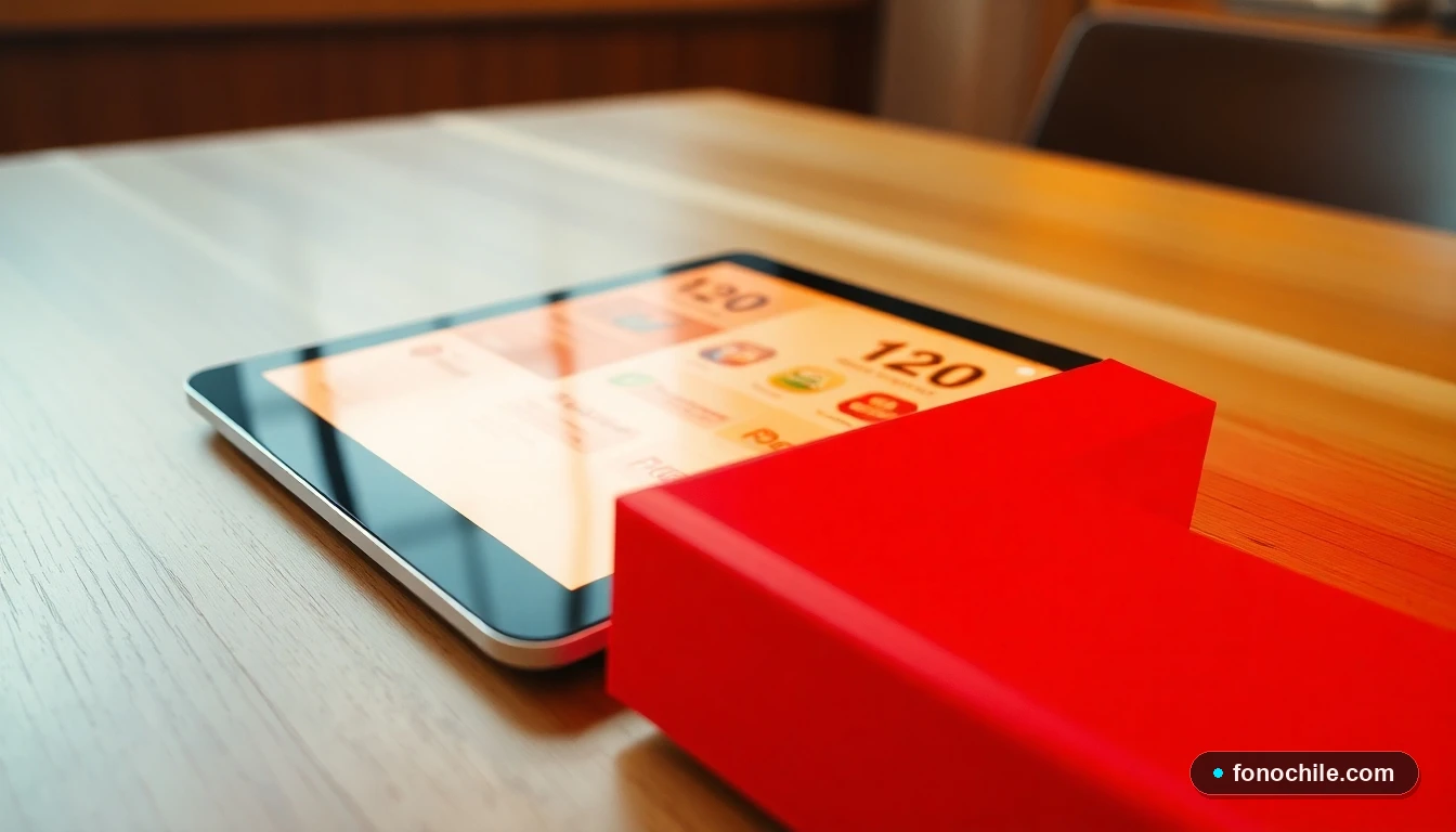 Tablet mostrando una interfaz de colores cálidos junto a una caja de pizza Telepizza, en una mesa de madera.