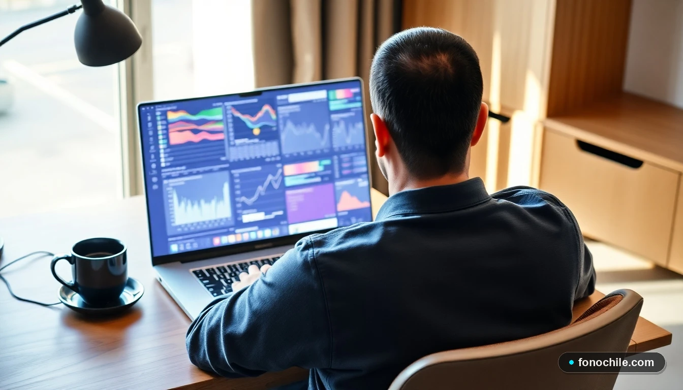 Oficina en casa moderna en Chile para teletrabajo estable, mostrando análisis de conectividad en pantalla.