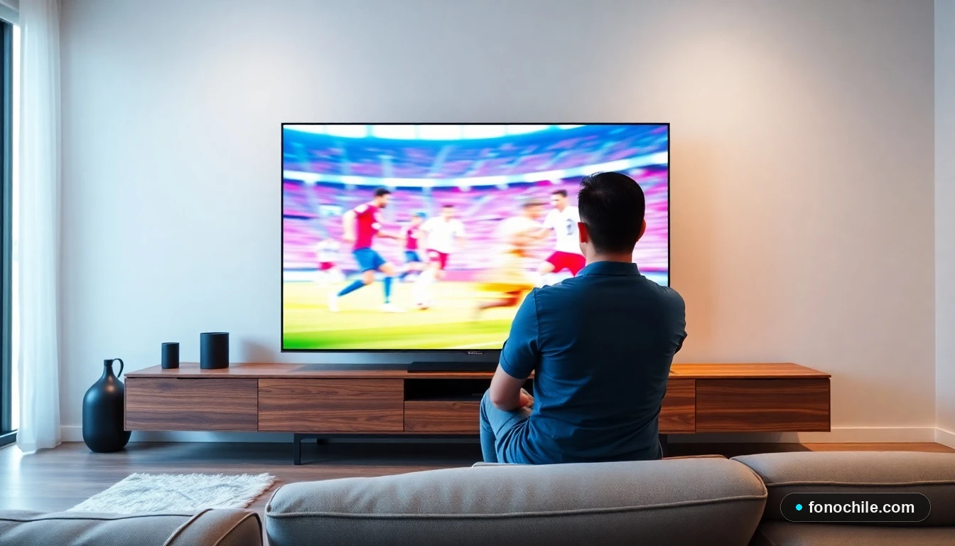 Pantalla de televisor moderna en sala chilena mostrando gráficos abstractos de un partido de fútbol en colores vibrantes.