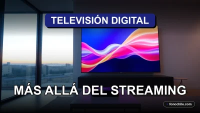 Televisión Digital Chile 2026, pantalla moderna con gráficos abstractos en un living contemporáneo.