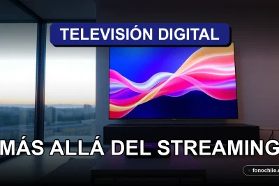 Televisión Digital Chile 2026, pantalla moderna con gráficos abstractos en un living contemporáneo.