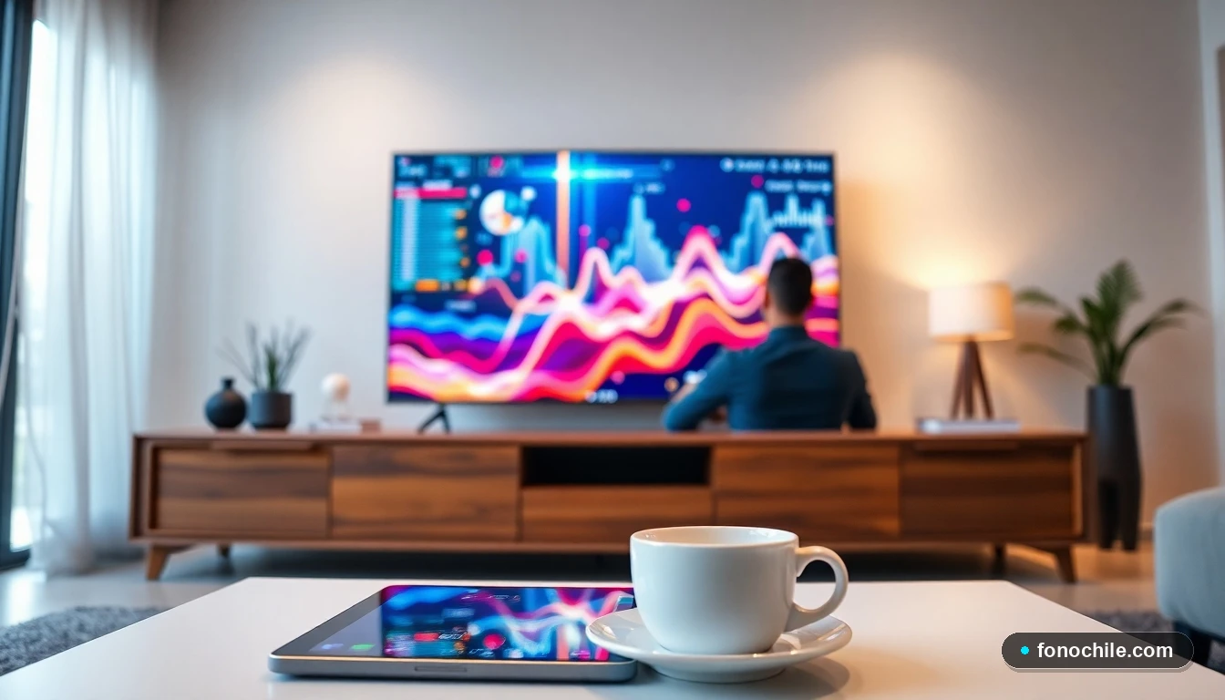 Pantalla de televisor inteligente mostrando una interfaz moderna de televisión digital con canales chilenos en un living contemporáneo.