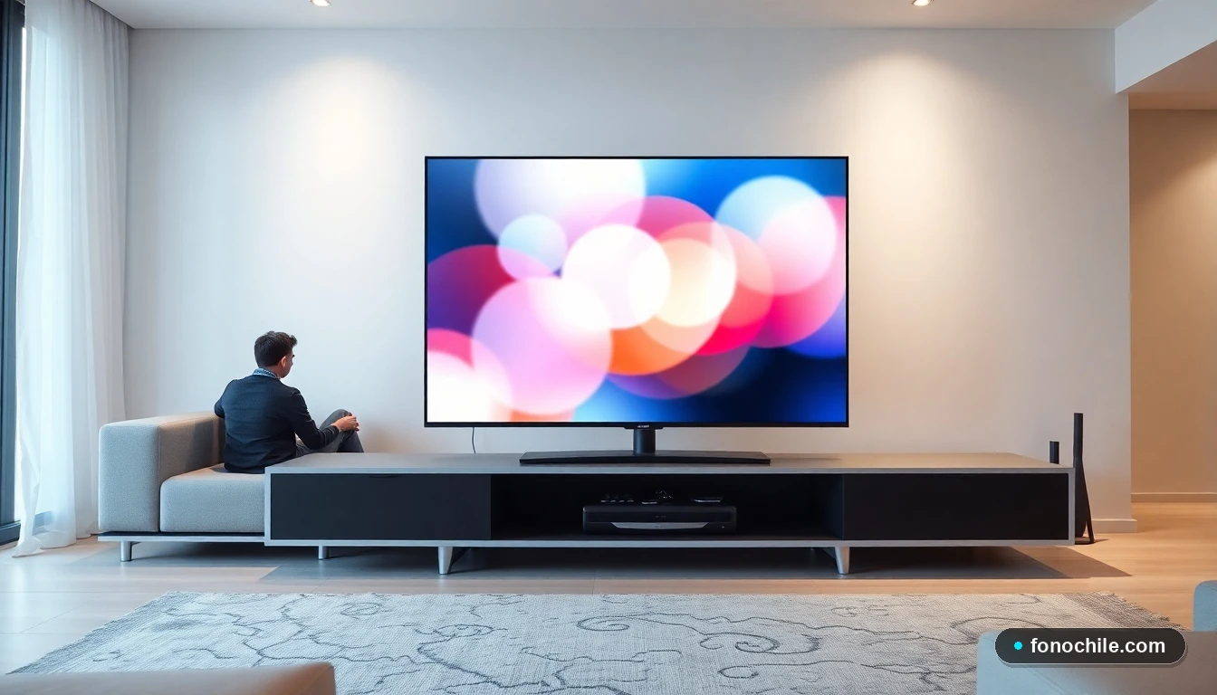 Televisor moderno mostrando gráficos abstractos en una sala de estar chilena con iluminación acogedora.