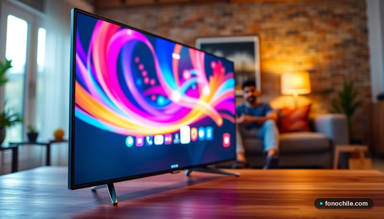 Televisión por fibra óptica mostrando una interfaz moderna de canales en una sala de estar acogedora.