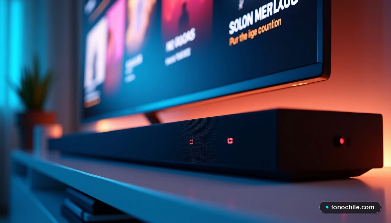 Primer plano de una barra de sonido y consola de videojuegos moderna con luces LED, en un entorno de entretenimiento hogareño minimalista.