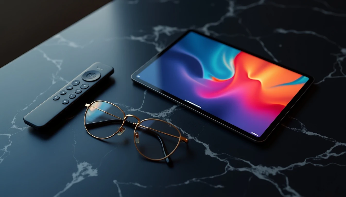 Control remoto moderno y tablet con interfaz de streaming Telsur en un flat-lay minimalista.