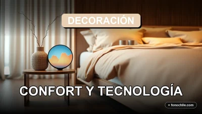 Un dormitorio moderno con una mesa de noche inteligente que muestra gráficos abstractos en su pantalla, junto a una lámpara de diseño y textiles acogedores.