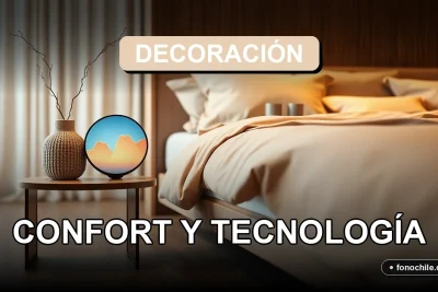 Un dormitorio moderno con una mesa de noche inteligente que muestra gráficos abstractos en su pantalla, junto a una lámpara de diseño y textiles acogedores.