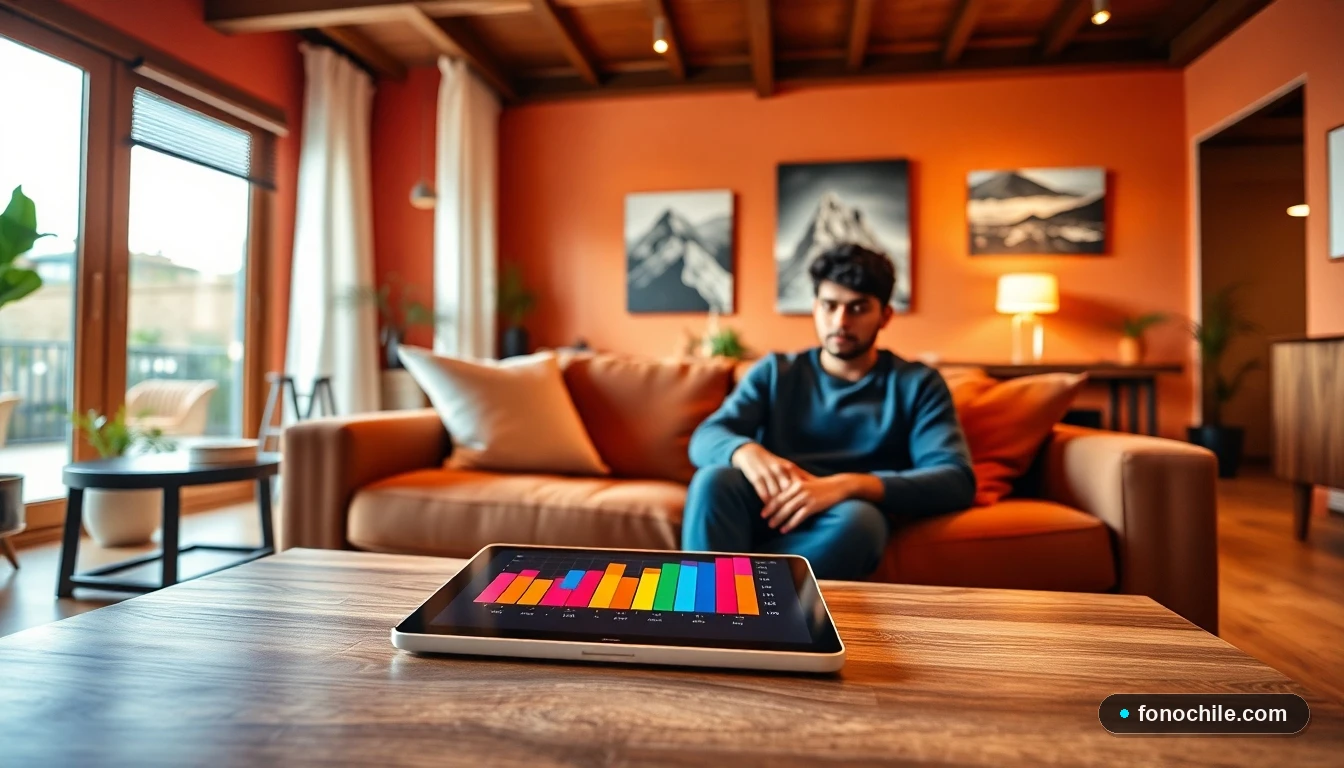 Sala de estar moderna y acogedora con tendencias de decoración 2026, mostrando colores cálidos y tecnología integrada.