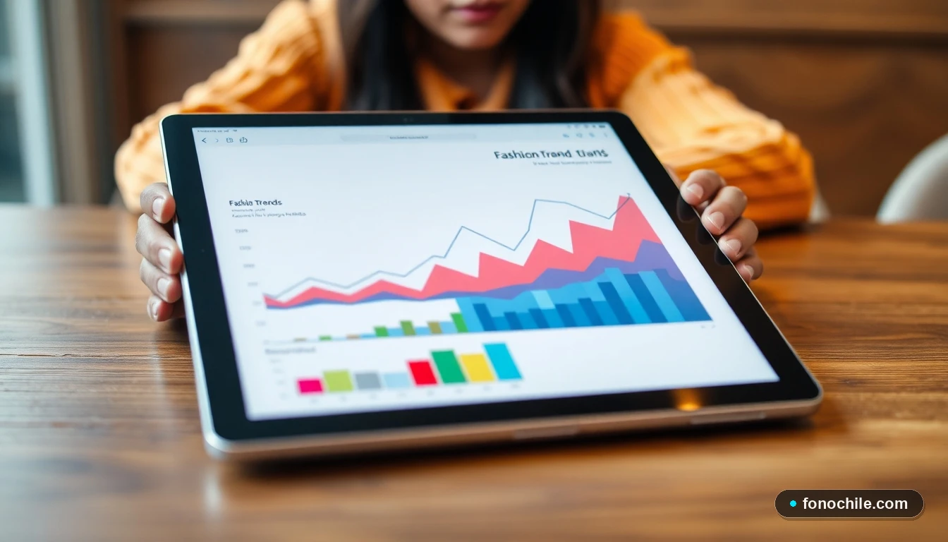 Gráficos abstractos de colores que muestran el crecimiento de las tendencias de moda sostenible y métricas de impacto ambiental.