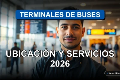 Vista aérea moderna de un terminal de buses en Chile con buses y pasajeros difusos en movimiento.