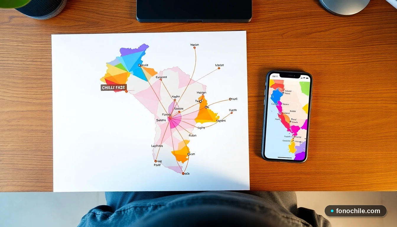Mapa abstracto de rutas de buses en Chile y aplicación móvil para planificar viajes, vista desde arriba.