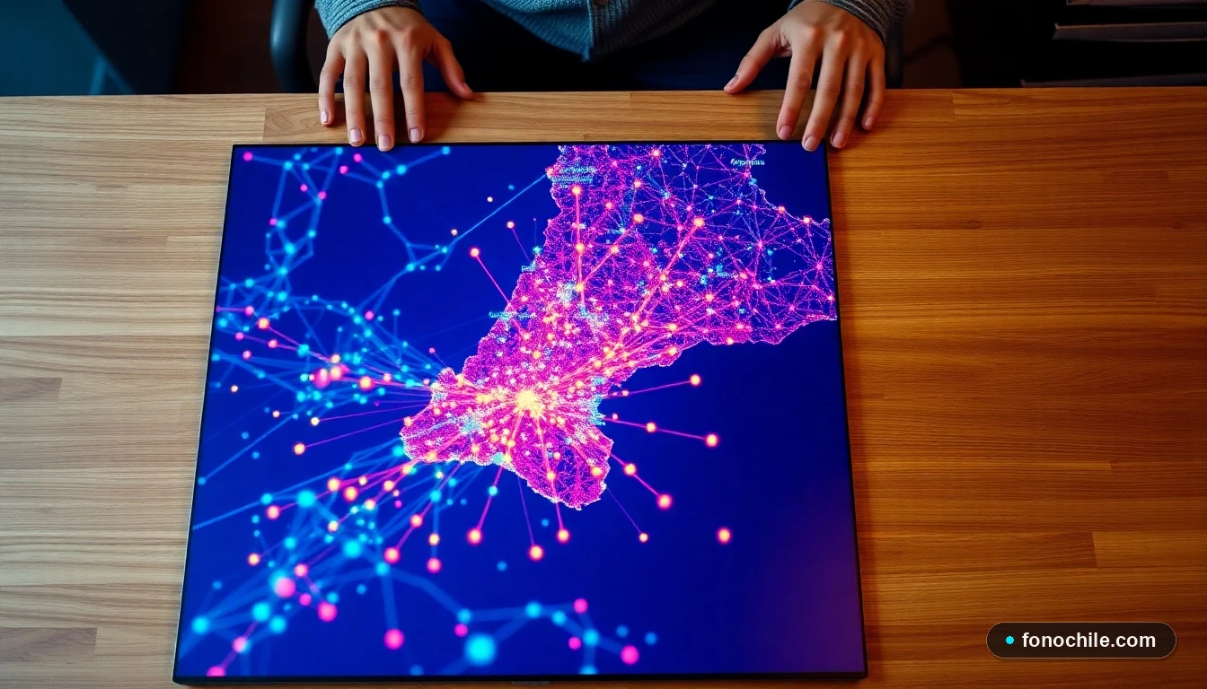 Mapa abstracto y colorido de la red de terminales de buses en Chile, vista aérea.