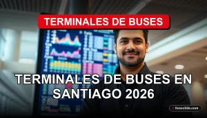 Una persona revisa información de horarios y rutas en una pantalla digital moderna dentro de una terminal de buses en Santiago.