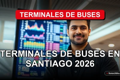 Una persona revisa información de horarios y rutas en una pantalla digital moderna dentro de una terminal de buses en Santiago.
