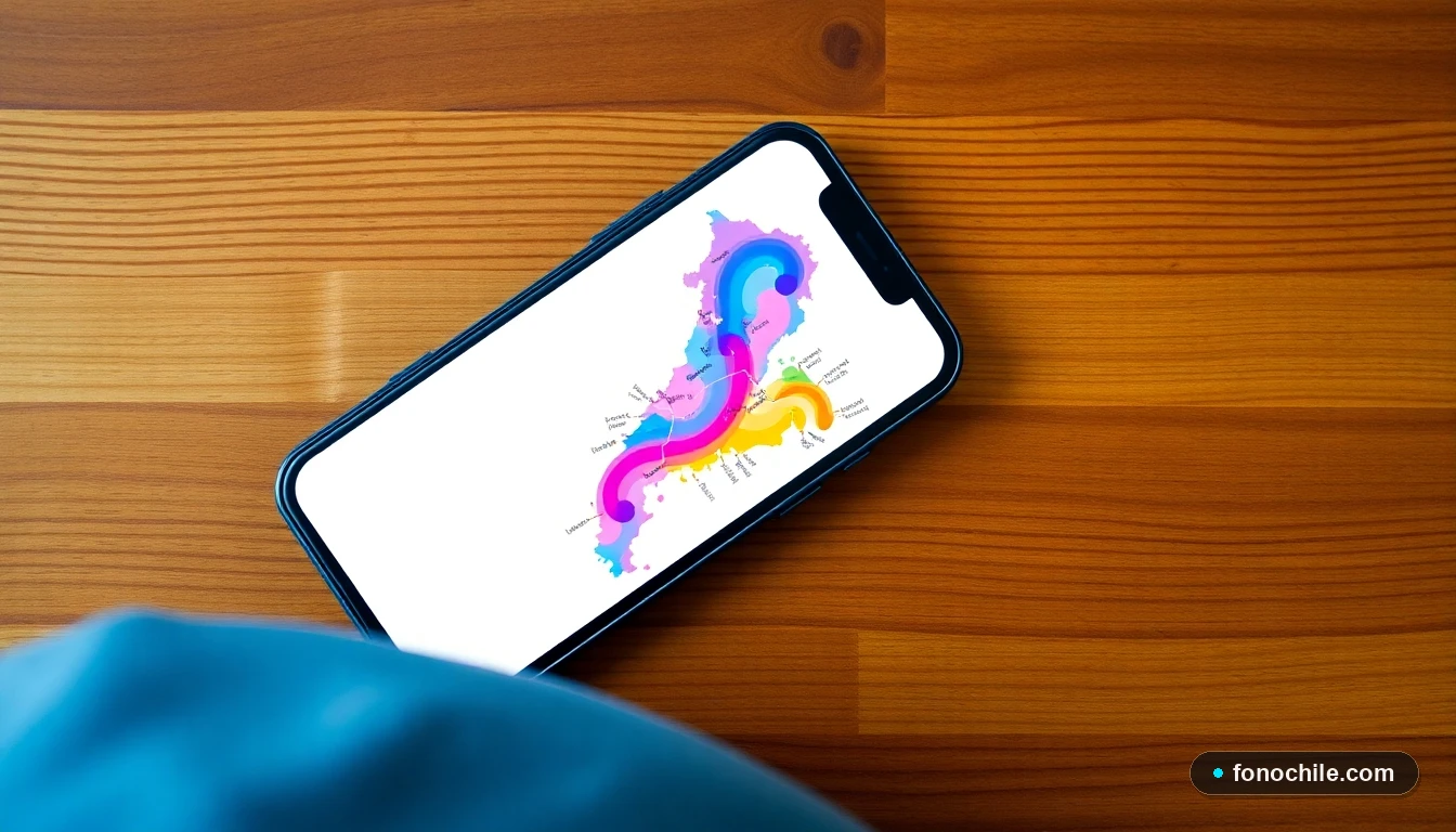 Smartphone mostrando un mapa abstracto de rutas de buses nacionales en Chile con gráficos de flujo de pasajeros.