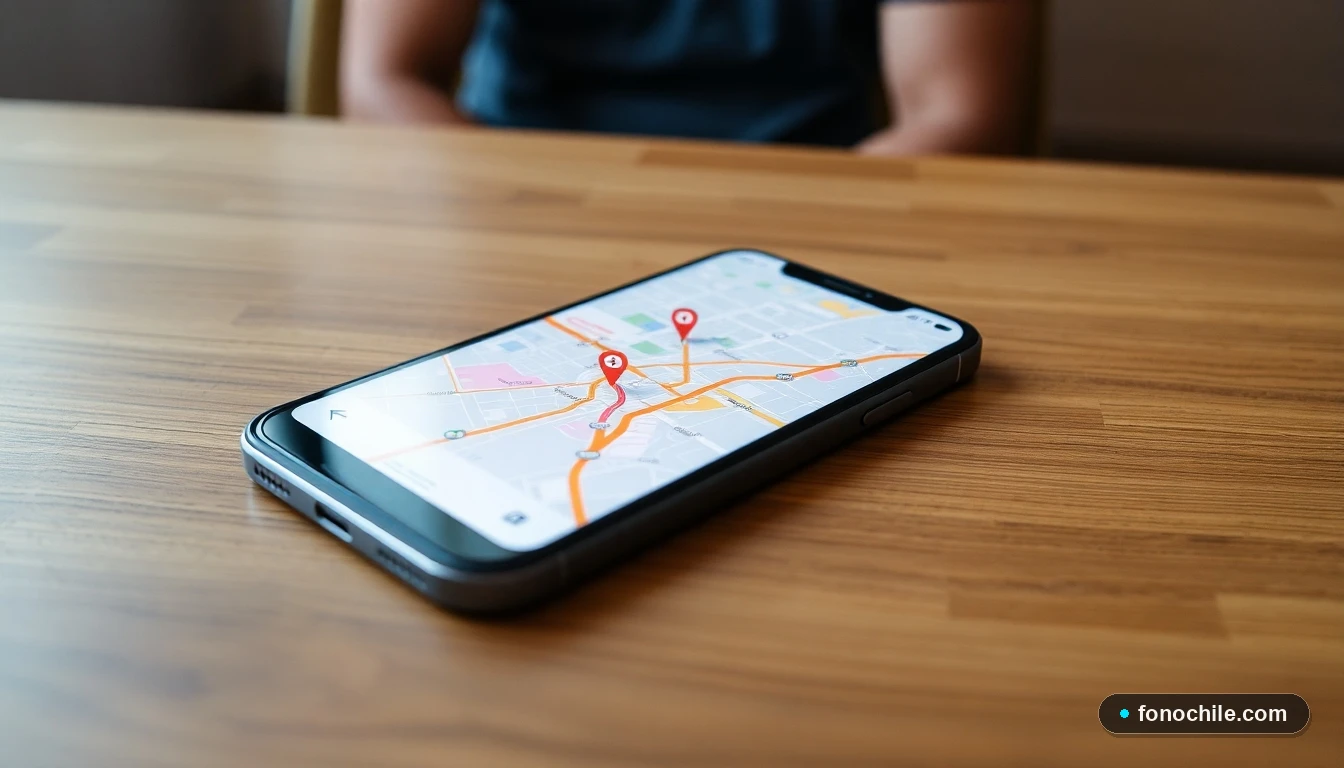 Smartphone mostrando un mapa abstracto de Santiago con rutas de buses y ubicación de terminales.