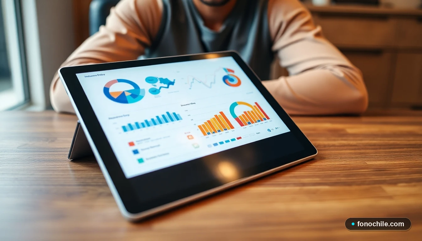Tablet mostrando gráficos abstractos de análisis de pólizas de seguro de vida en colores vibrantes.
