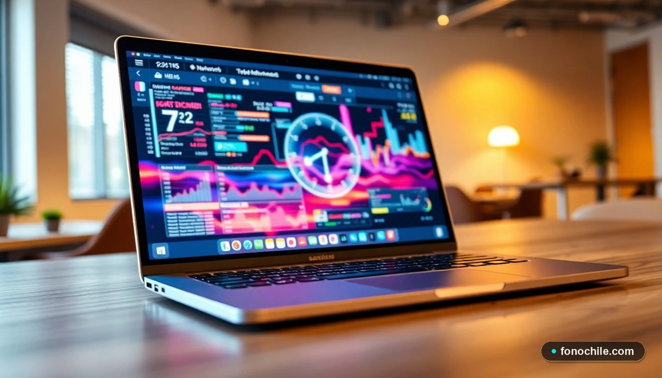 Herramienta de análisis de velocidad de internet mostrando gráficos de datos de conexión en una computadora portátil.