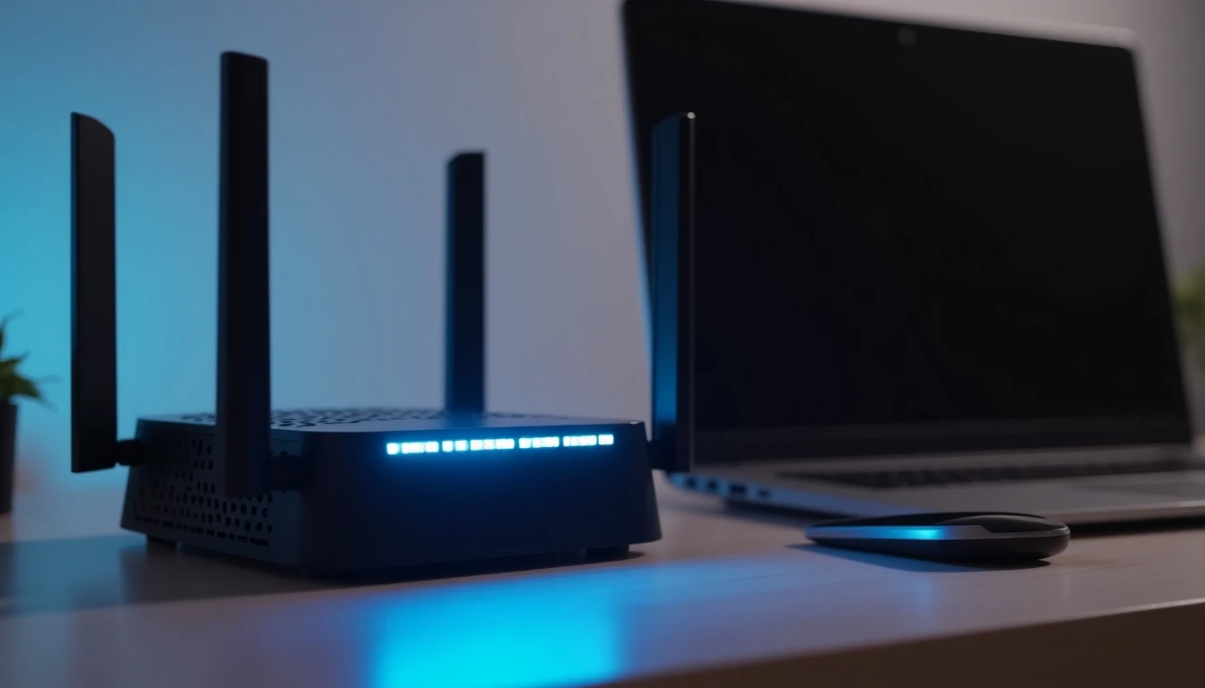 Router moderno Claro con luces LED en un escritorio, símbolo de conexión a internet de alta velocidad.