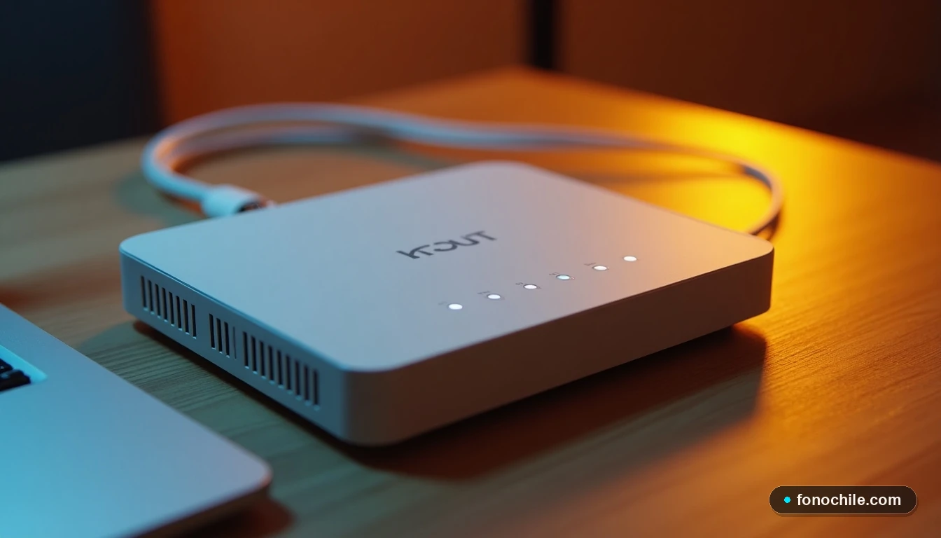 Primer plano aéreo de un router WiFi moderno y un cable de fibra óptica sobre una mesa de madera, con iluminación naranja.