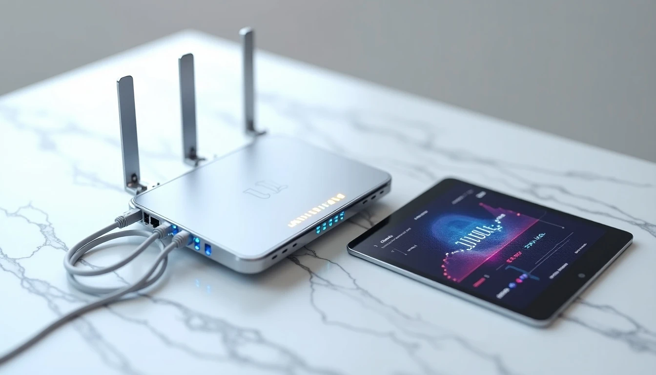Router moderno y tablet mostrando gráficos de velocidad de internet en un entorno minimalista.