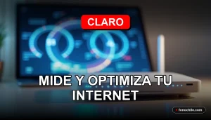 Moderno router Claro con luces LED azules y blancas, mostrando gráficos abstractos de velocidad en una pantalla, sobre una mesa de madera clara.