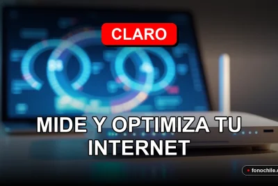 Moderno router Claro con luces LED azules y blancas, mostrando gráficos abstractos de velocidad en una pantalla, sobre una mesa de madera clara.